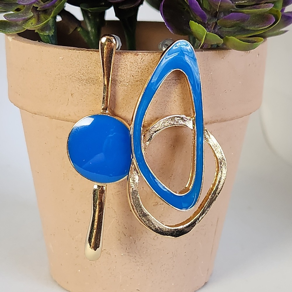 Blue Enamel Asymmetric Geometric Drop Earrings Gold Tone Mismatched Statement